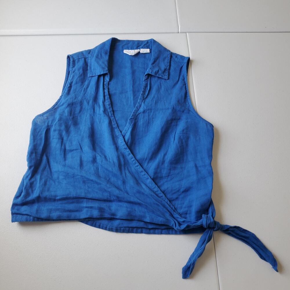 Cynthia Rowley Blouse Womens M Blue Collared Sleeveless Linen Wrap Tie Top